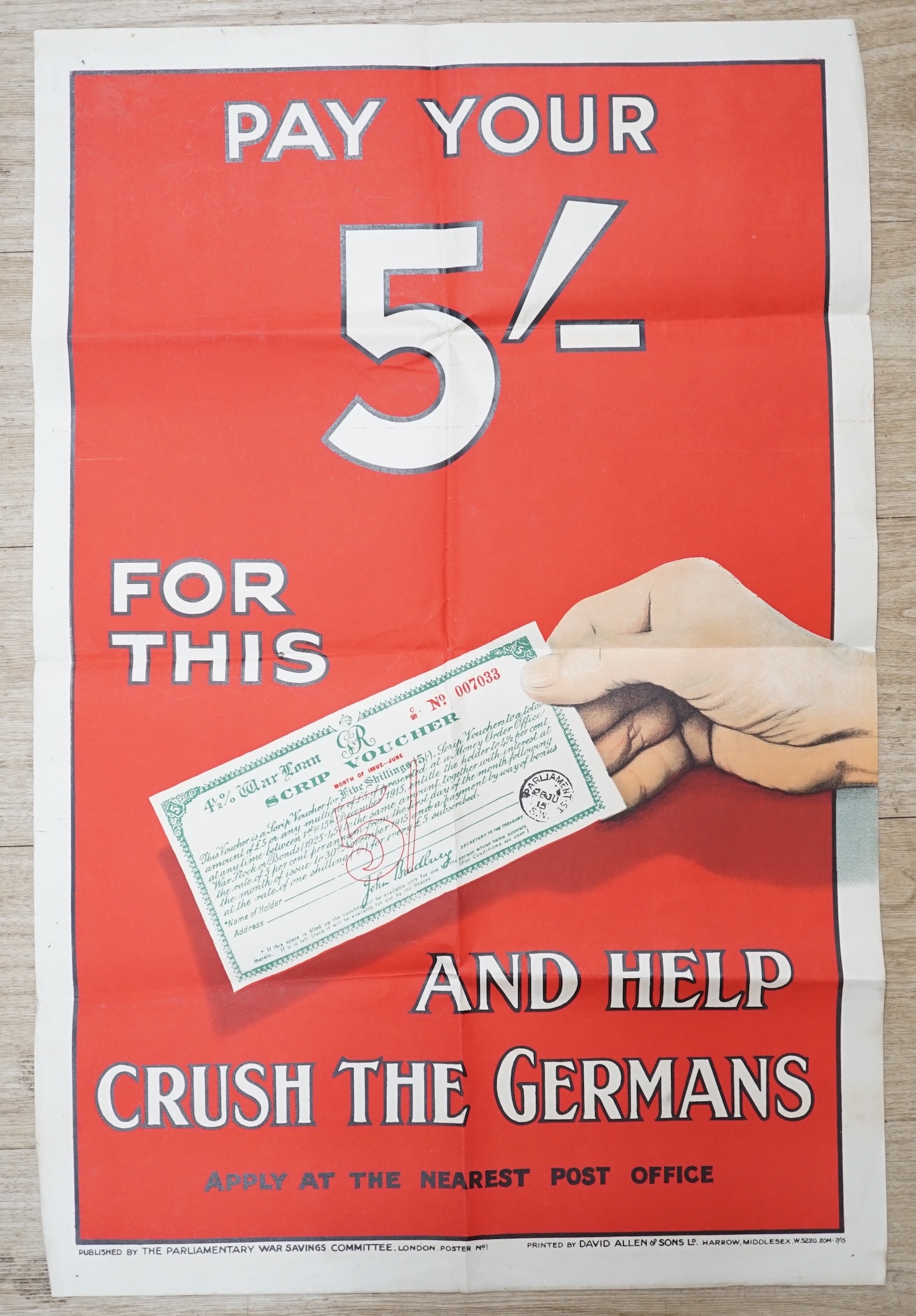 Nineteen First World War related posters, including adverts for the purchase of War bonds and the War Loan, military recruitment adverts, etc. Condition - fair, all folded with some splits to folds and fraying to edges